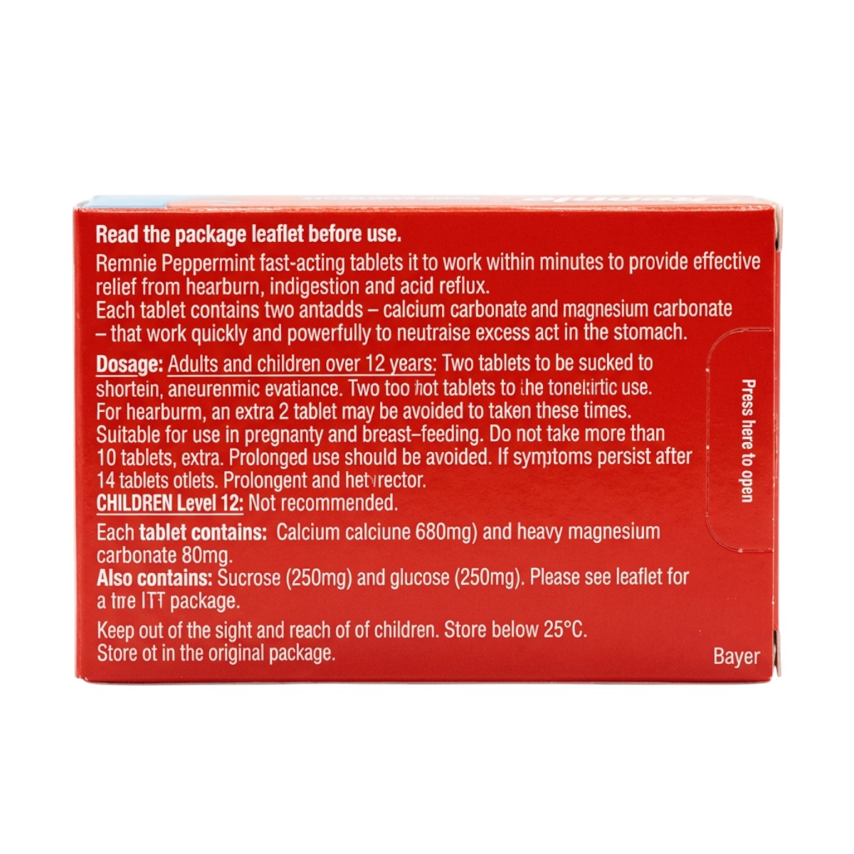 Rennie Peppermint Chewable Tablets Back of Pack – Ingredients and Directions