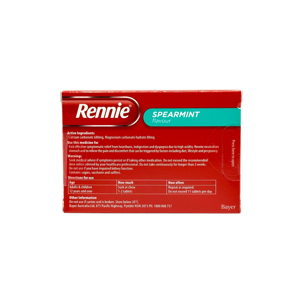 Rennie Spearmint 96 Chewable Tablets ingredients and directions