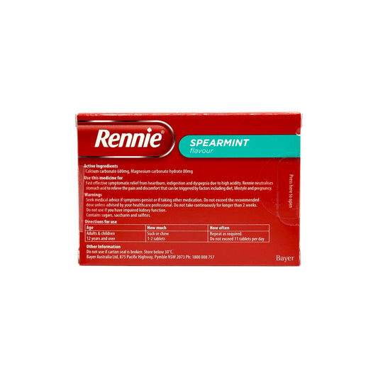 Rennie Spearmint 96 Chewable Tablets ingredients and directions
