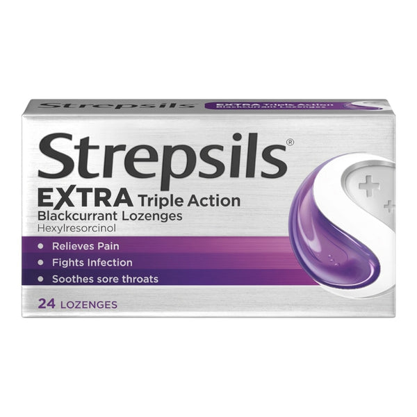 Strepsils Extra Triple Action Blackcurrant Lozenges 24 Pack Front View