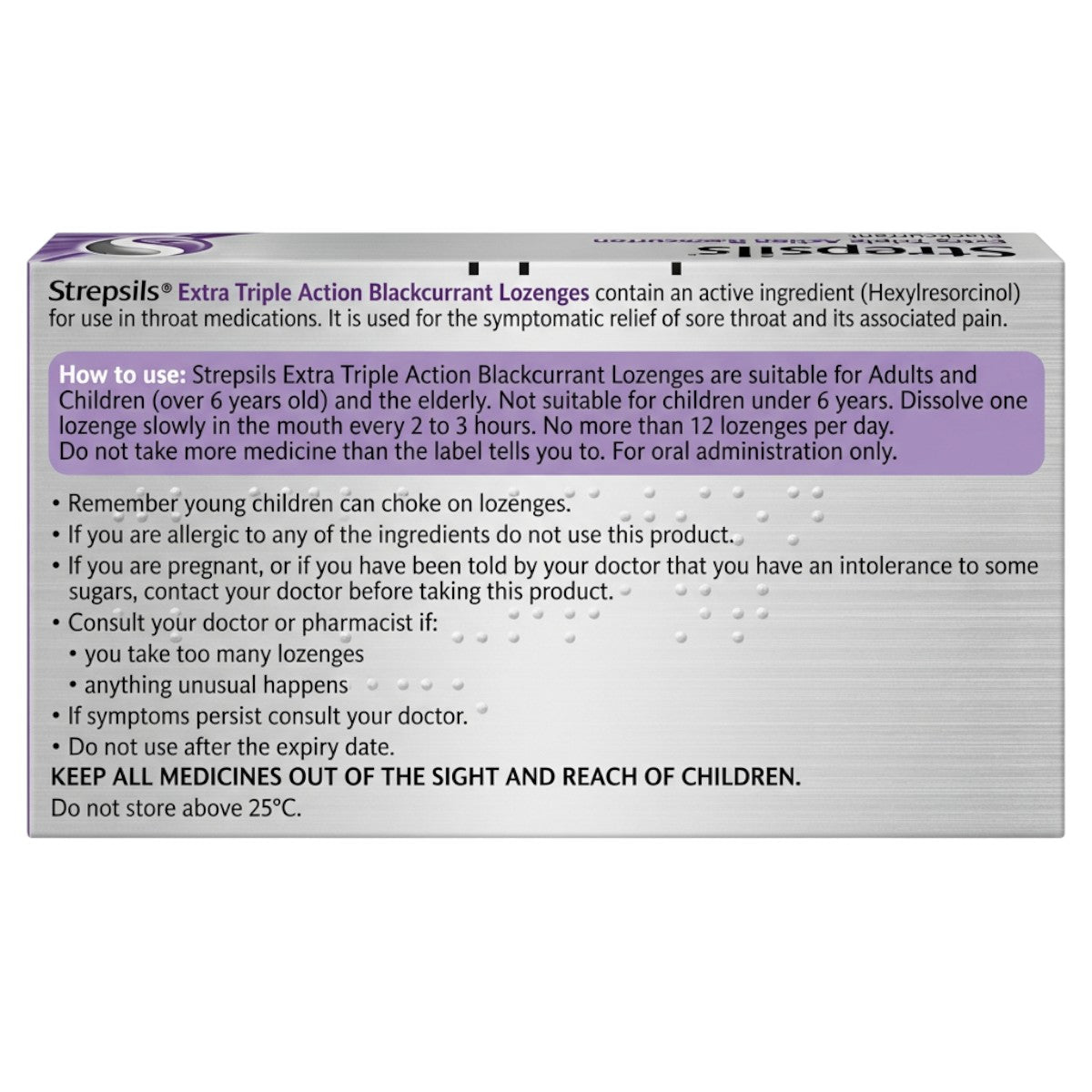 Strepsils Extra Triple Action Blackcurrant Lozenges Back of Pack Information