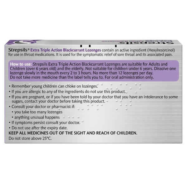 Strepsils Extra Triple Action Blackcurrant Lozenges Back of Pack Information