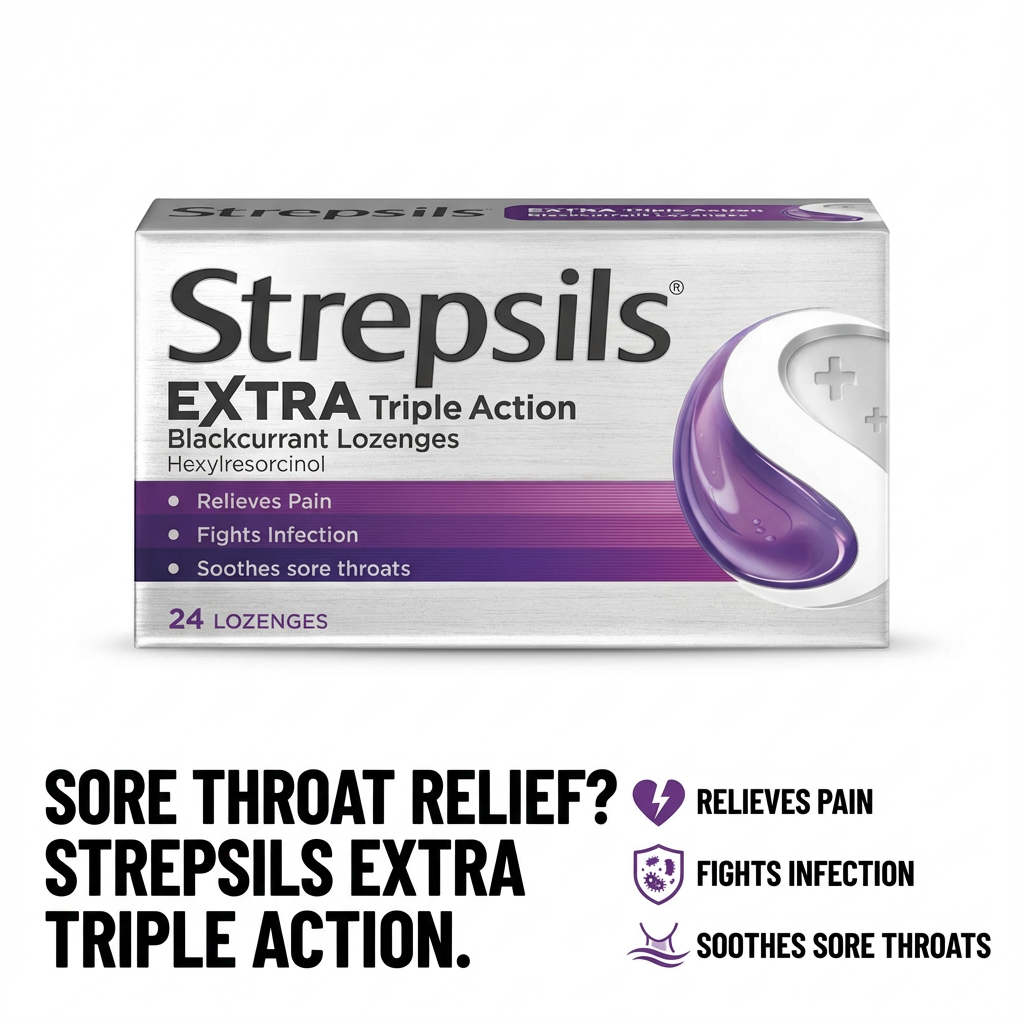 Strepsils Extra Triple Action Blackcurrant Lozenges Packaging and Blackcurrant Flavor