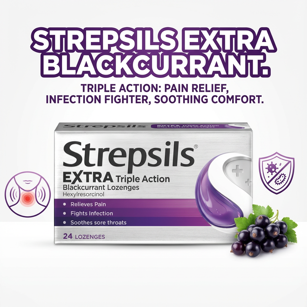 Strepsils Extra Triple Action Blackcurrant Lozenges 24 Lozenges Product Image