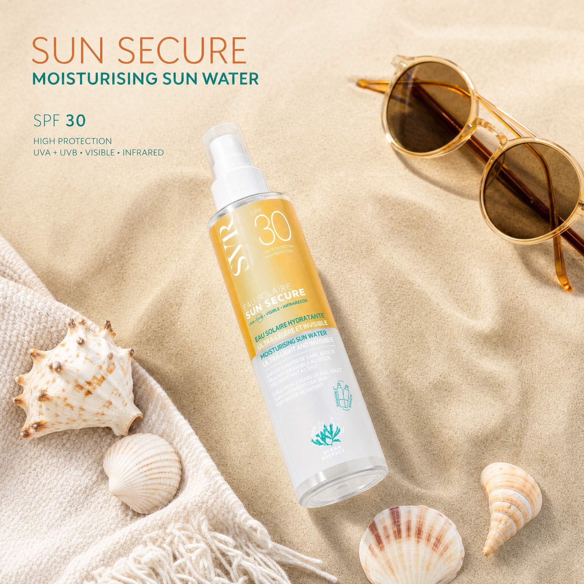 SVR Sun Secure Moisturising Sun Water SPF30 – Summer Beach Flat Lay
