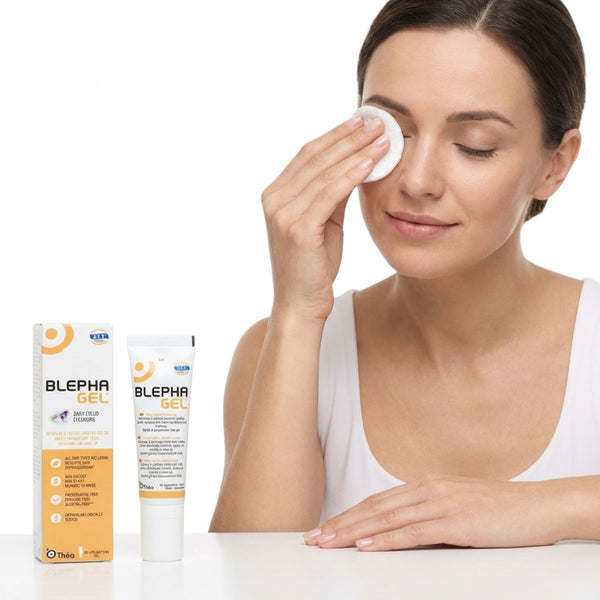 Woman gently cleansing eyelid with Théa Blephagel daily eyelid cleansing gel