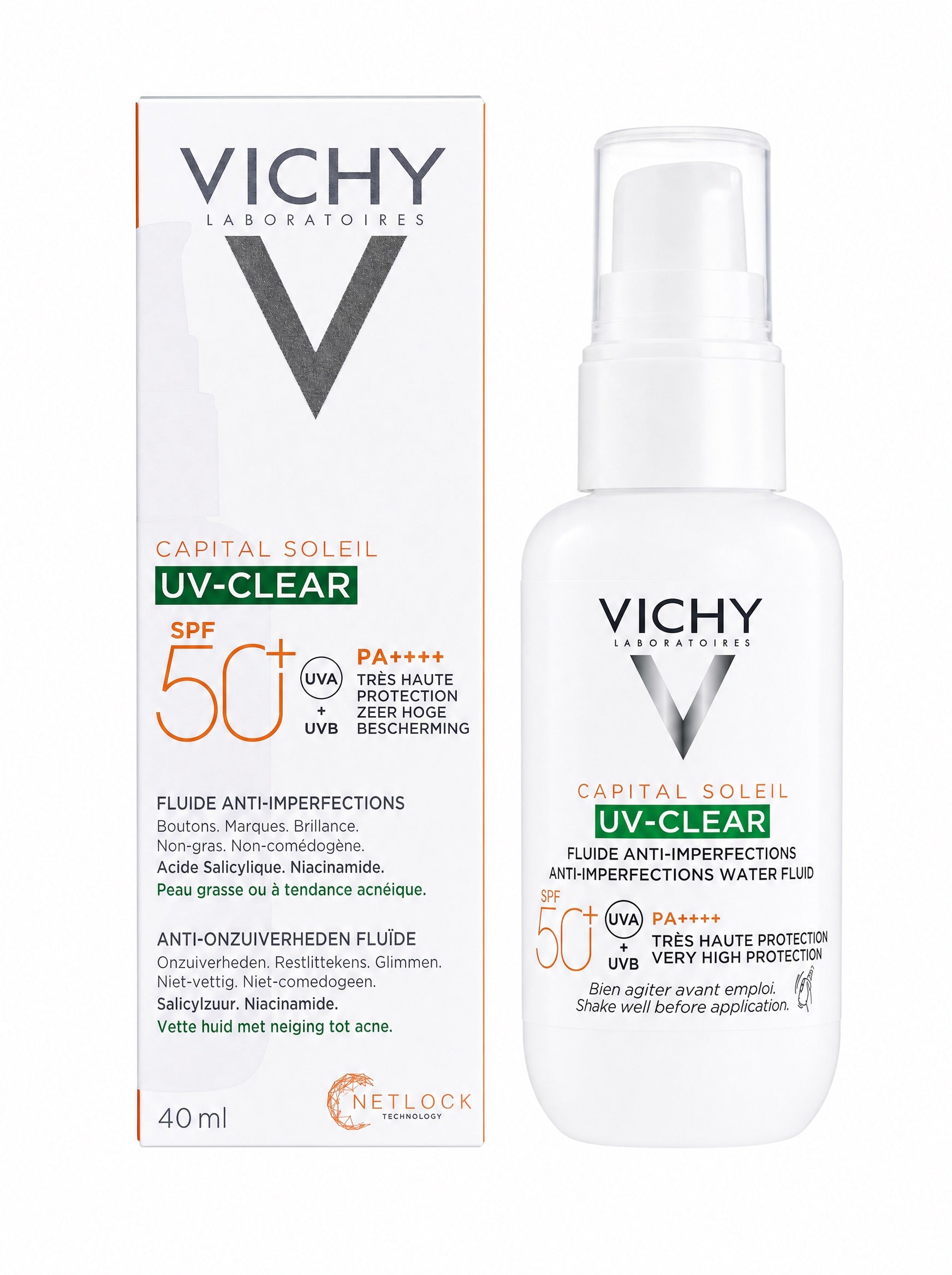 Vichy Capital Soleil UV-Clear SPF 50+ Anti-Imperfections Water Fluid 40ml – Bottle and Box Front