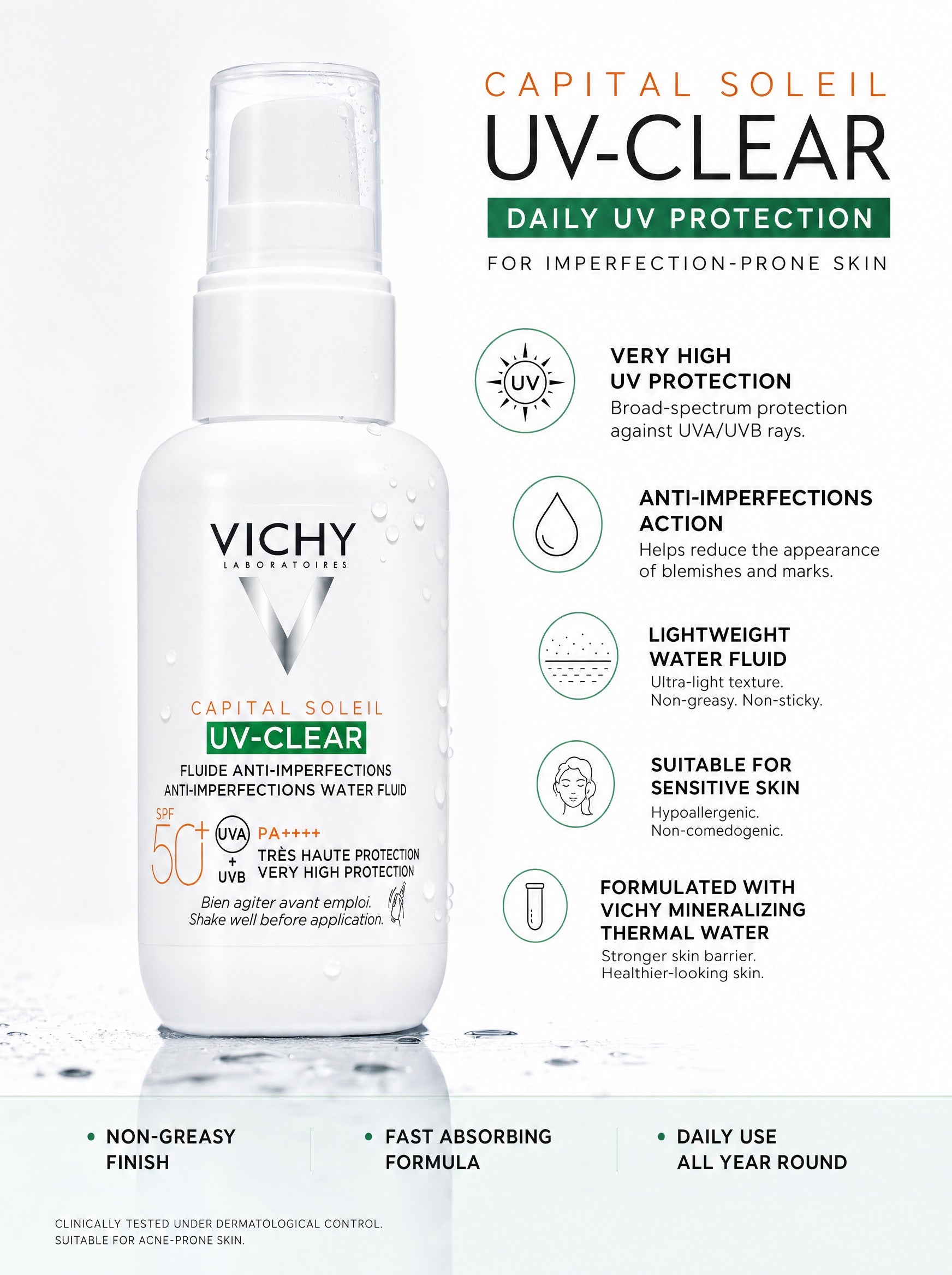 Vichy Capital Soleil UV-Clear SPF 50+ Anti-Imperfections Water Fluid – Daily UV Protection Benefits