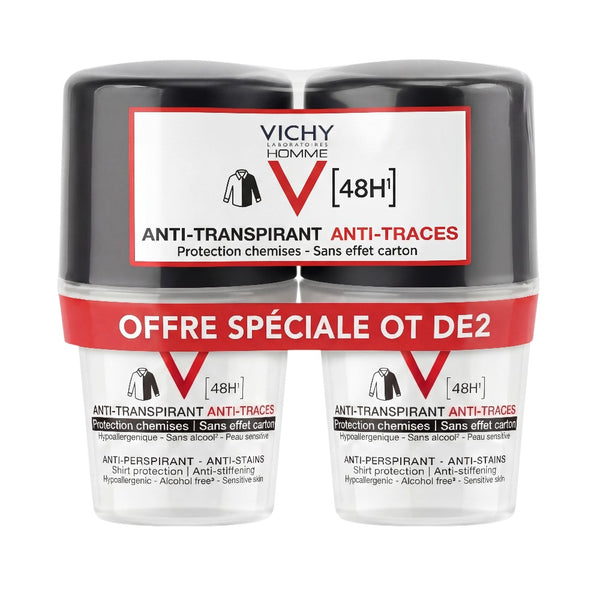 Vichy Homme Anti-Perspirant Anti-Stains Roll-On 50ml 2 Pack – Front