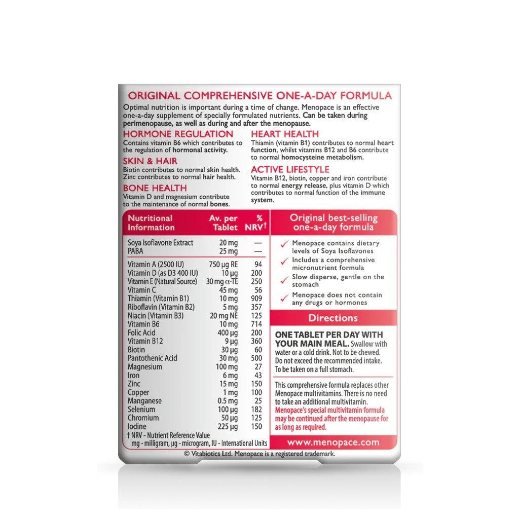 Vitabiotics Menopace Original 90 Tablets – Nutritional Information and Directions