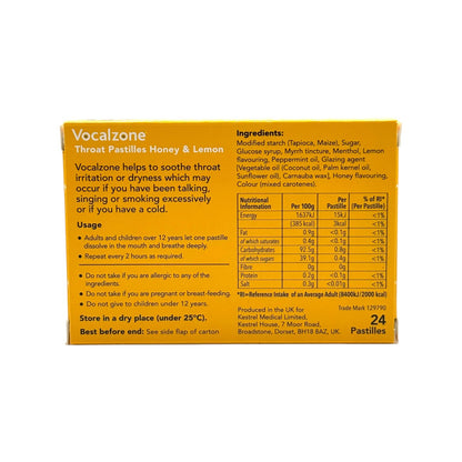 Vocalzone Honey & Lemon Pastilles Ingredients and Back Label