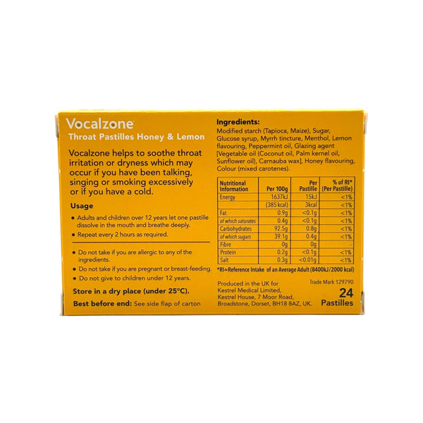 Vocalzone Honey & Lemon Pastilles Ingredients and Back Label