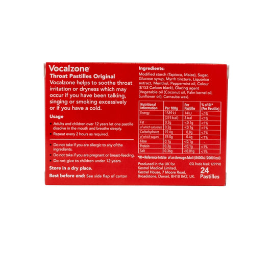 Vocalzone Original 24 – back of pack with ingredients and usage instructions