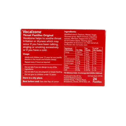 Vocalzone Original 24 – back of pack with ingredients and usage instructions