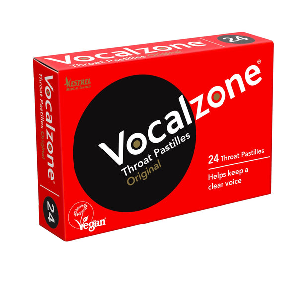 Vocalzone Original throat pastilles 24 lozenges – front of box, vegan, UK made